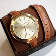 Michael Kors Runway Gold Dial Brown Leather Strap Watch For Women - MK2256