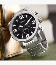 Fossil Nate Chronograph Black Dial Silver Steel Strap Watch for Men - JR1353