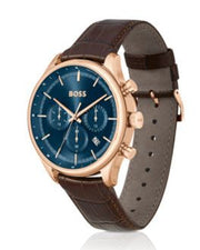 Hugo Boss Grand Prix Chronograph Blue Dial Brown Leather Strap Watch for Men - 1513604