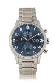 Hugo Boss Aeroliner Chronograph Blue Dial Silver Steel Strap Watch for Men - 1513183