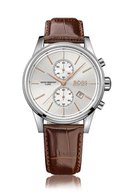 Hugo Boss Jet Chronograph Silver Dial Brown Leather Strap Watch for Men - 1513280