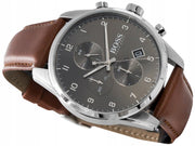 Hugo Boss Skymaster Chronograph Grey Dial Brown Leather Strap Watch for Men - 1513787