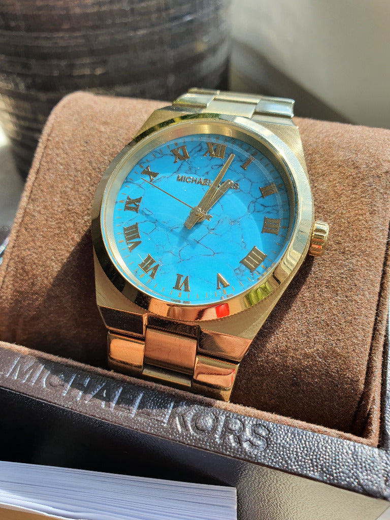 Michael Kors Channing Turquoise Dial Gold Steel Strap Watch For Women