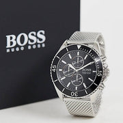 Hugo Boss Ocean Edition Chronograph Black Dial Silver Mesh Bracelet Watch for Men - 1513701