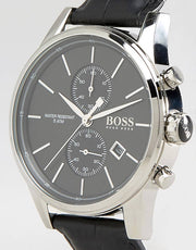 Hugo Boss Jet Chronograph Black Dial Black Leather Strap Watch for Men - 1513279