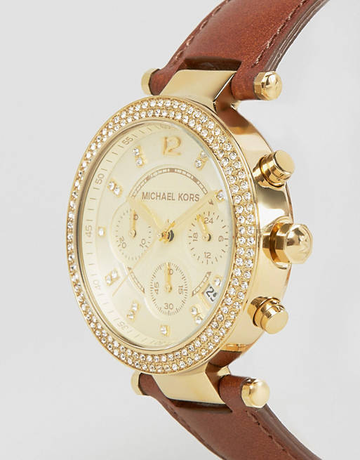 Michael Kors Parker Champagne Gold Dial Brown Leather Strap Watch for Women - MK2249