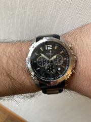 Guess Intrepid Chronograph Black Dial Two Tone Steel Strap Watch for Men - W0167G1