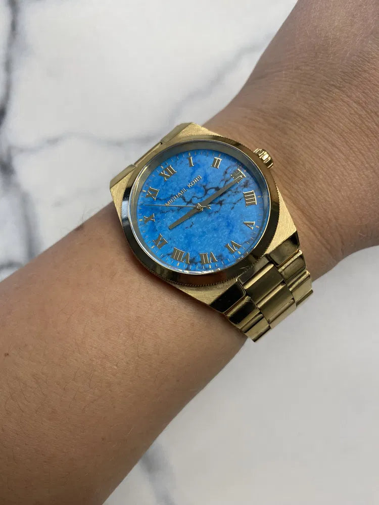 Michael Kors Channing Turquoise Dial Gold Steel Strap Watch For Women