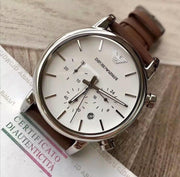 Emporio Armani Luigi Chronograph Silver Dial Brown Leather Strap Watch for Men - AR1846
