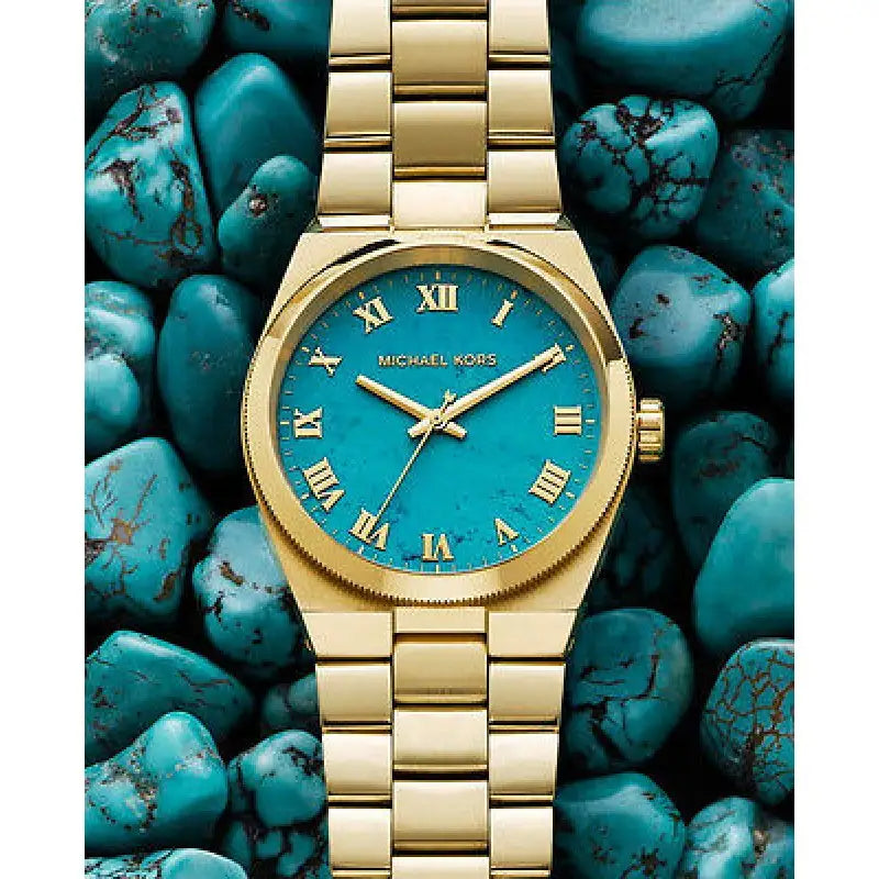Michael Kors Channing Turquoise Dial Gold Steel Strap Watch For Women