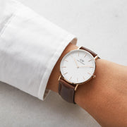 Daniel Wellington Classic Bristol White Dial Brown Leather Strap Watch For Women - DW00100039