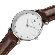 Daniel Wellington Classy Bristol White Dial Brown Leather Strap Watch For Women - DW00100070
