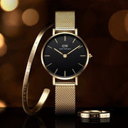 Daniel Wellington Petite Evergold Black Dial Gold Mesh Strap Watch For Women - DW00100345