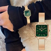 Daniel Wellington Quadro Studio Green Dial Rose Gold Mesh Strap Watch For Women - DW00100520