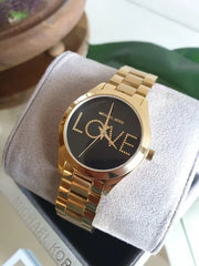 Michael Kors Slim Runway Black Dial Gold Steel Strap Watch for Women - MK3803