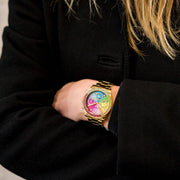 Guess Confetti Chronograph Rainbow Dial Gold Steel Strap Watch For Women  - GW0483L4