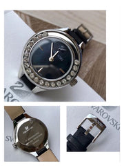 Swarovski Lovely Crystals Mother of Pearl Black Dial Black Leather Strap Watch for Women - 5242898