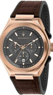 Maserati Triconic Chronograph Grey Dial Brown Leather Strap Watch For Men - R8871639003