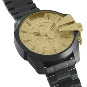 Diesel Mega Chief Chronograph Gold Dial Black Steel Strap Watch For Men - DZ4485