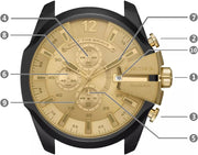 Diesel Mega Chief Chronograph Gold Dial Black Steel Strap Watch For Men - DZ4485