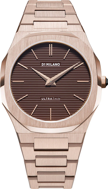 D1 Milano Ultra Thin Brown Dial Gold Steel Strap Watch for Men - D1-UTBJ13