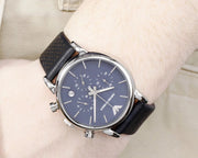 Emporio Armani Luigi Chronograph Blue Dial Black Leather Strap Watch For Men - AR1736
