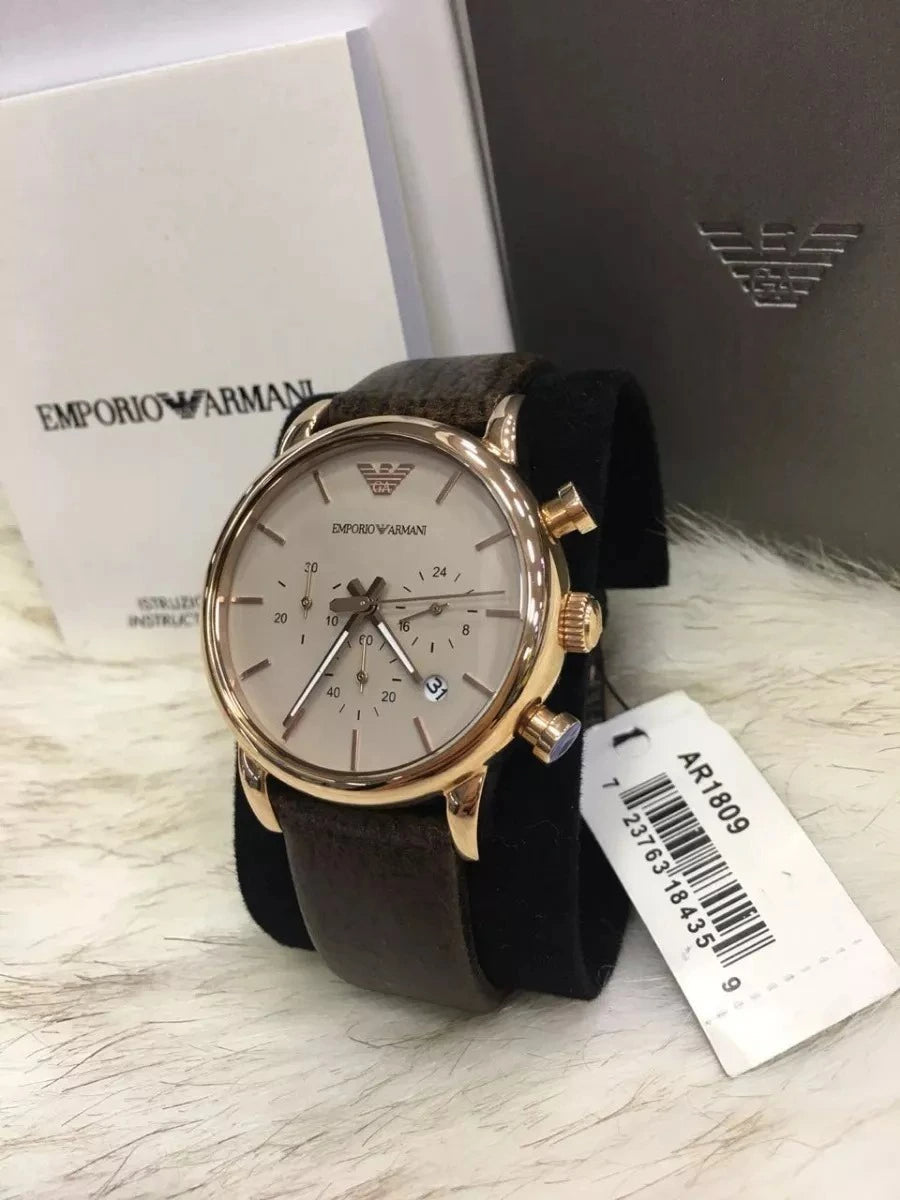 Emporio Armani Classic Chronograph White Dial Brown Leather Strap Watc