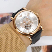 Emporio Armani Luigi Automatic Skeleton Silver Dial Black Leather Strap Watch For Men - AR60013