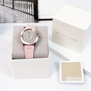 Michael Kors Runway Three Hand Crystal Pave Dial Pink Rubber Strap Watch For Women - MK6854