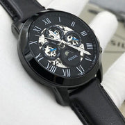 Fossil Grant Automatic Chronograph Black Dial Black Leather Strap Watch for Men - ME3028