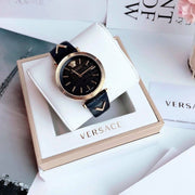 Versace V-Twist Black Dial Black Leather Strap Watch for Women - VELS00619