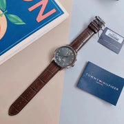 Tommy Hilfiger Aiden Quartz Black Dial Brown Leather Strap Watch for Men - 1791309
