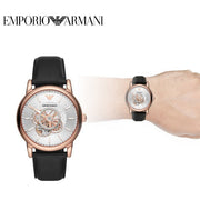 Emporio Armani Luigi Automatic Skeleton Silver Dial Black Leather Strap Watch For Men - AR60013
