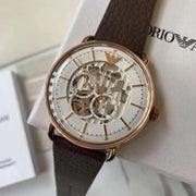 Emporio Armani Meccanico Automatic White Dial Brown Leather Strap Watch For Men - AR60027
