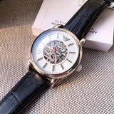Emporio Armani Meccanico Silver Skeleton Dial Black Leather Watch For Men - AR1997