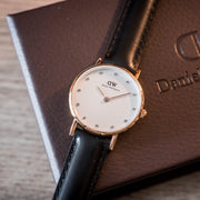 Daniel Wellington Classy Sheffield White Dial Black Leather Strap Watch For Women - DW00100060