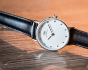 Daniel Wellington Classy Sheffield White Dial Black Leather Strap Watch For Women - DW00100068