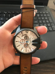Diesel Mega Chief Chronograph White Dial Brown Leather Strap Watch For Men - DZ4280