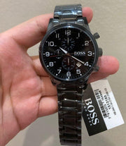 Hugo Boss Aeroliner Chronograph Black Dial Black Steel Strap Watch for Men - 1513180