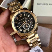 Michael Kors Brecken Chronograph Quartz Black Dial Gold Steel Strap Watch For Men - MK8481