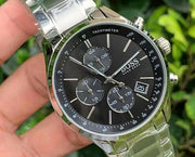 Hugo Boss Grand Prix Chronograph Black Dial Silver Steel Strap Watch for Men - 1513477