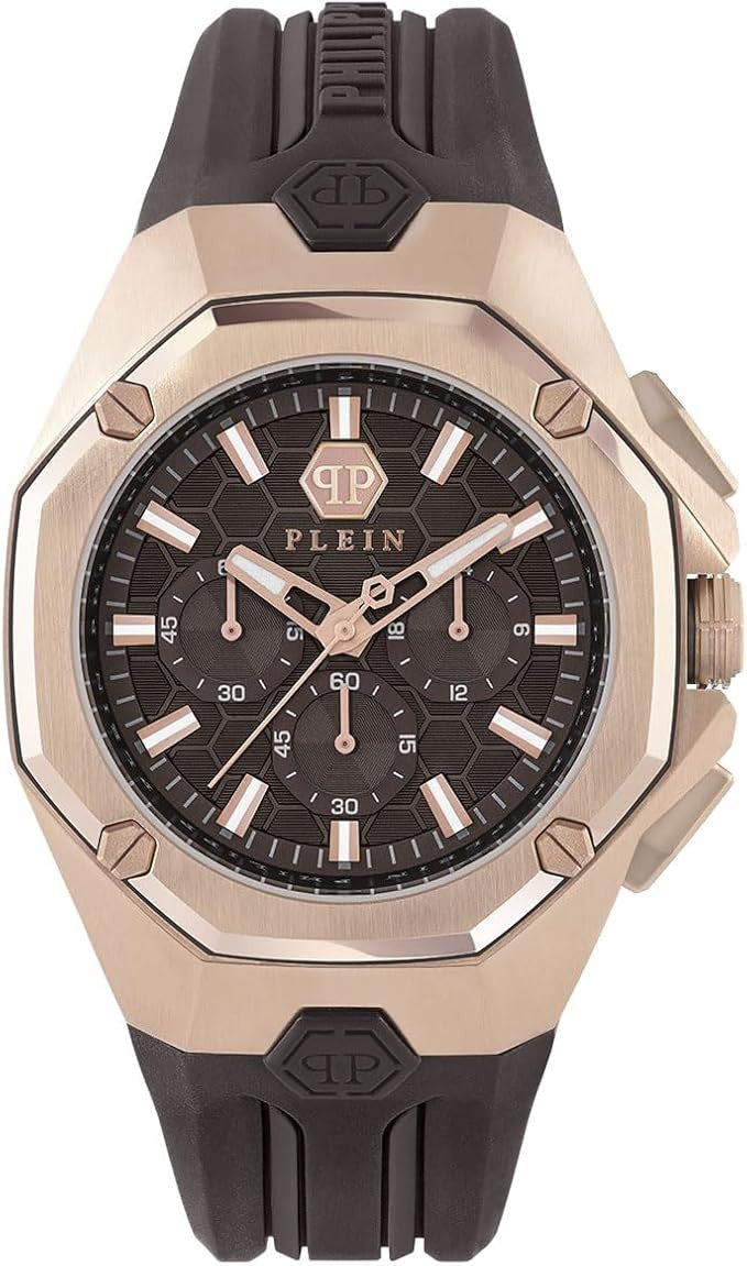 Philipp Plein Octagon Rose Gold Dial Brown Silicone Strap Watch for Men  - PWTBA0223