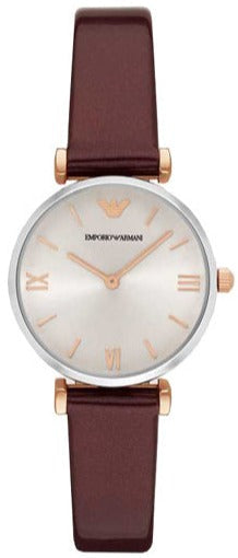 Emporio Armani Gianni T-Bar Quartz Silver Dial Brown Leather Strap Watch For Women - AR11061