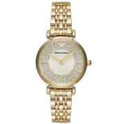 Emporio Armani Gianni T Bar Analog Crystals Gold Dial Gold Steel Strap Watch For Women - AR11608