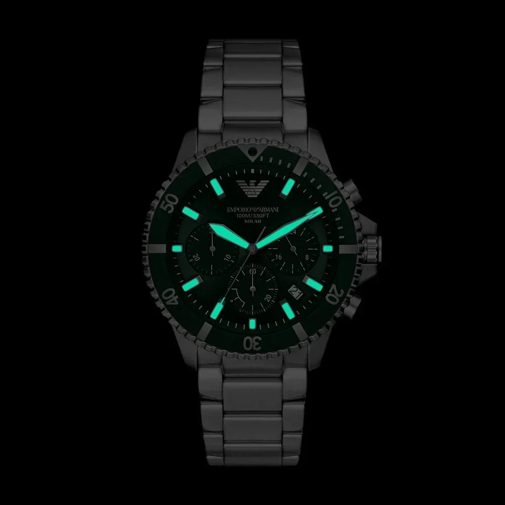 Emporio Armani World Explorer Solar Chronograph Green Dial Silver Steel Strap Watch for Men - AR11741