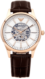 Emporio Armani Epoca White Skeletal Dial Black Leather Strap Watch For Men - AR2073