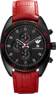 Emporio Armani Sportivo Chronograph Black Dial Red Leather Strap Watch For Men - AR5918