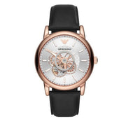 Emporio Armani Luigi Automatic Skeleton Silver Dial Black Leather Strap Watch For Men - AR60013