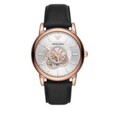 Emporio Armani Luigi Automatic Skeleton Silver Dial Black Leather Strap Watch For Men - AR60013