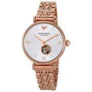 Emporio Armani Meccanico Gianni T-Bar Silver Dial Rose Gold Steel Strap Watch For Women - AR60023